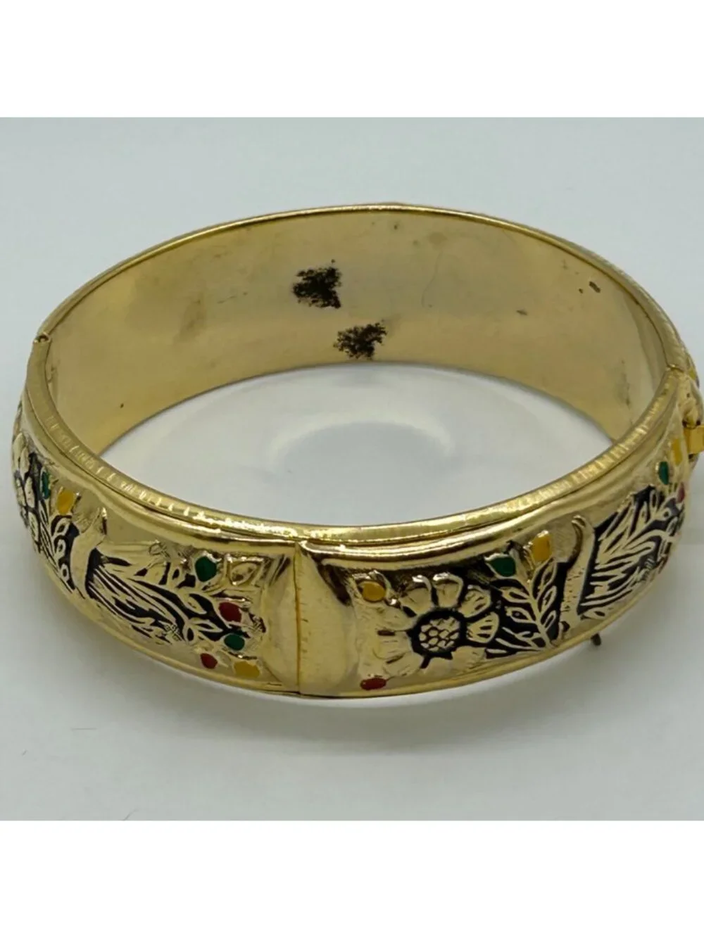 Vintage Gold Tone Floral Hinged Bangle Bracelet Enamel Detailing Embossed READ